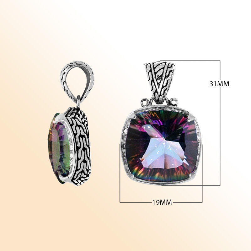 Handmade Mystic Topaz Quartz cushion pendant in sterling silver with Balinese artistry and rainbow shine.