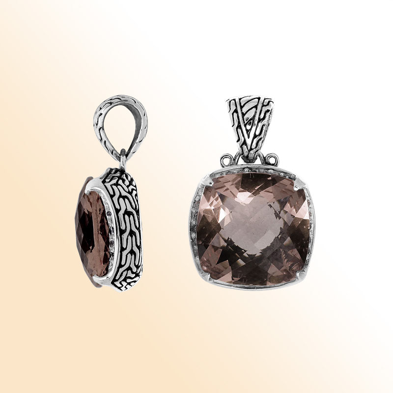 Handmade Smokey Quartz cushion pendant in sterling silver with Balinese artistry.