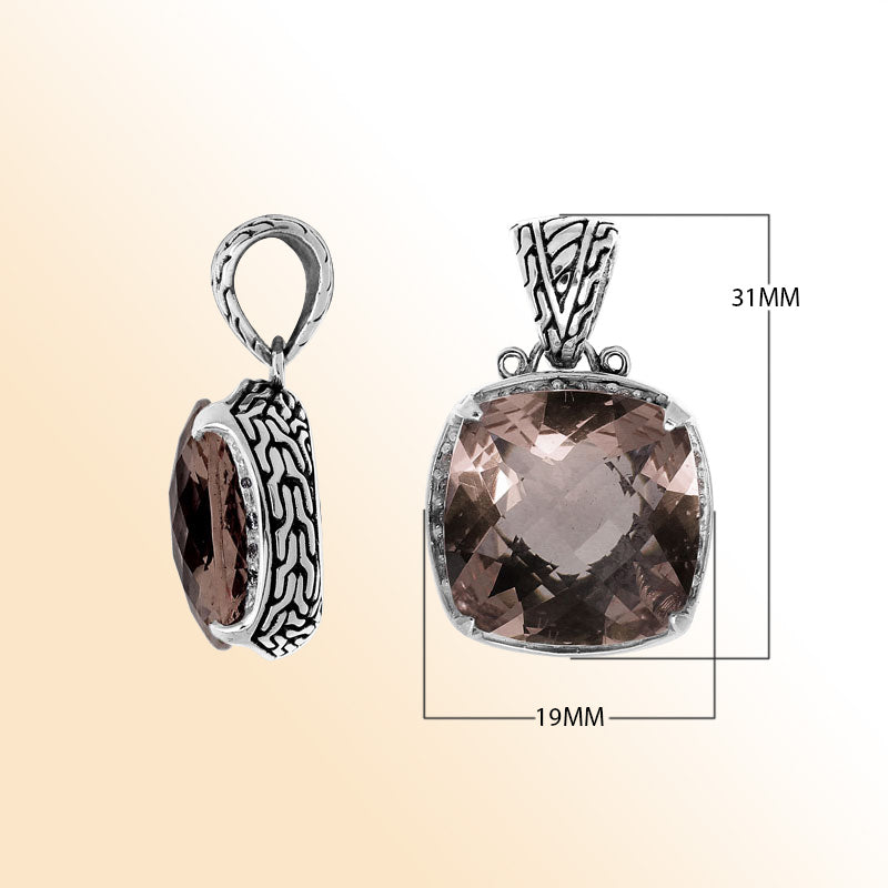 Handmade Smokey Quartz cushion pendant in sterling silver with Balinese artistry.