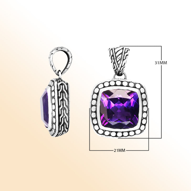 Handmade Amethyst Quartz cushion pendant in sterling silver with Balinese beaded artistry.