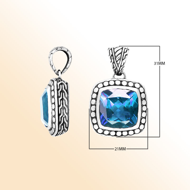 Handmade Blue Topaz Quartz cushion pendant in sterling silver with Balinese beaded artistry.