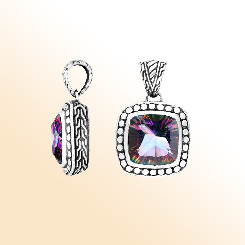 Handmade Mystic Topaz Quartz cushion pendant in sterling silver with Balinese artistry and rainbow shine.