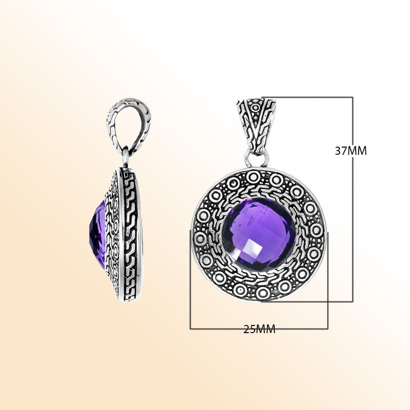 Handmade Amethyst Quartz round pendant in sterling silver with Balinese engraved artistry.