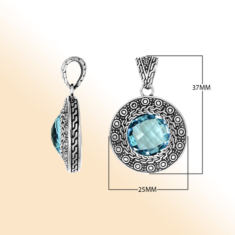 Blue Topaz Quartz Sterling Silver Pendant handcrafted in Bali with artisan design
