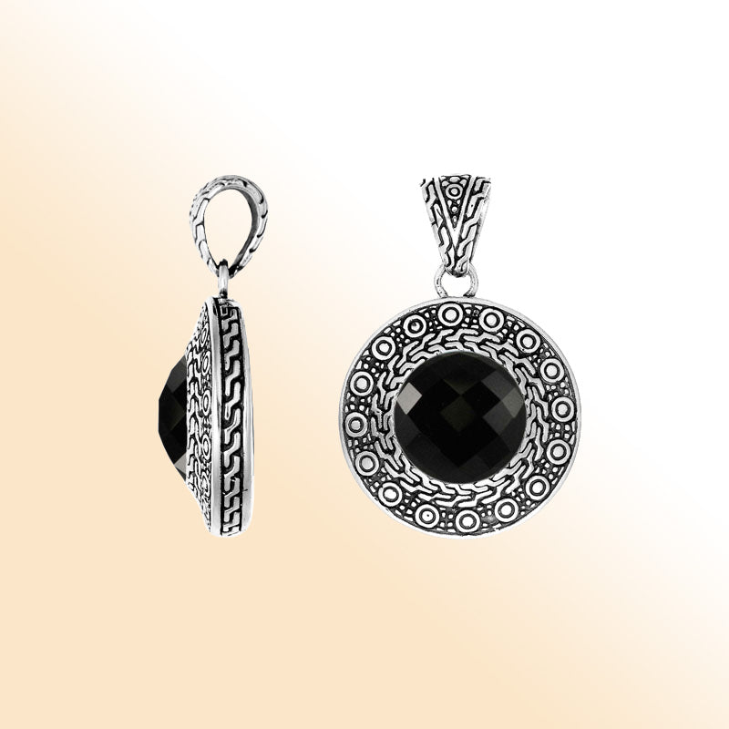 Black Onyx Sterling Silver Pendant handcrafted in Bali with artisan Balinese design