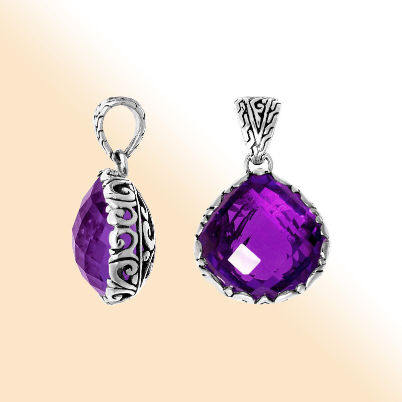 Amethyst Quartz Sterling Silver Pendant handcrafted in Bali with artisan Balinese design