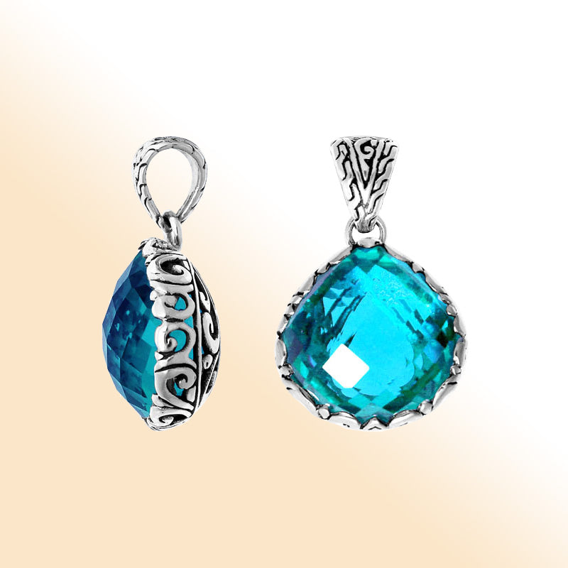 Blue Topaz Quartz Sterling Silver Pendant handcrafted in Bali with artisan Balinese design