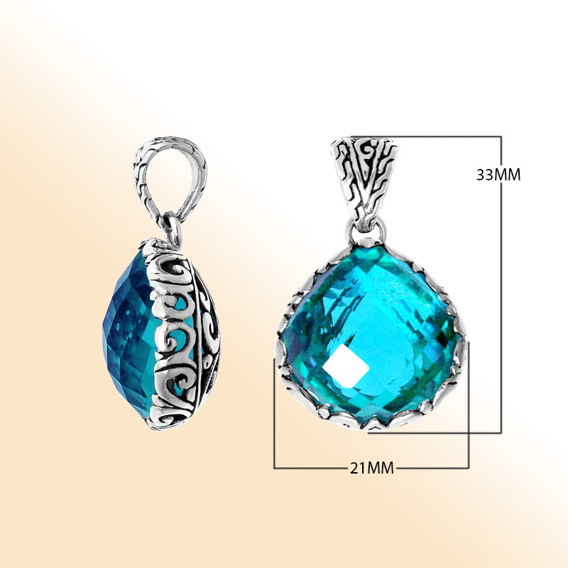 Blue Topaz Quartz Sterling Silver Pendant handcrafted in Bali with artisan Balinese design