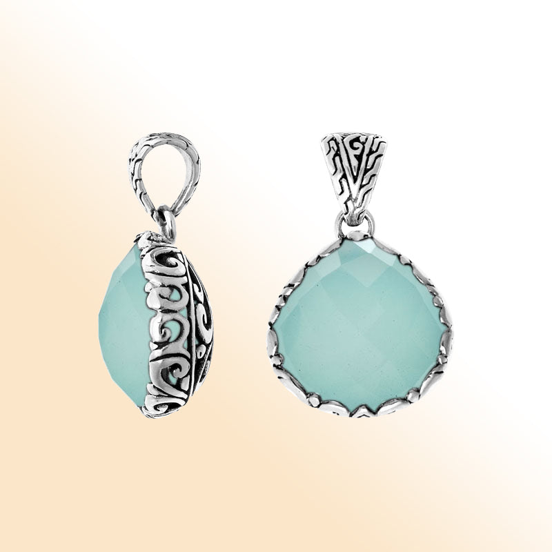 Green Chalcedony Quartz Sterling Silver Pendant handcrafted in Bali with artisan Balinese design