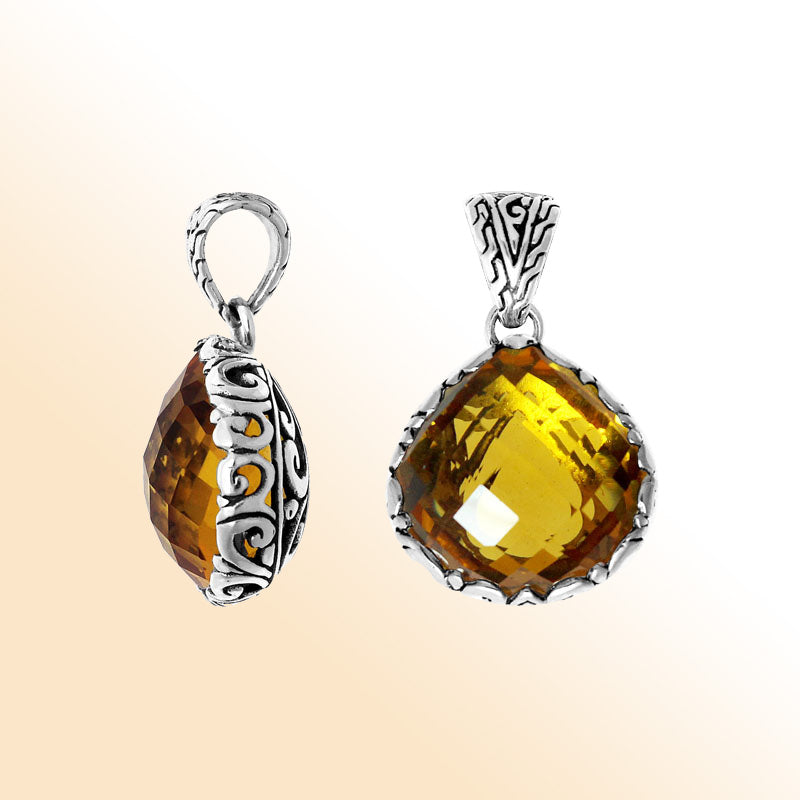 Retail Citrine Quartz sterling silver pendant handmade in Bali with artisan silver detailing.