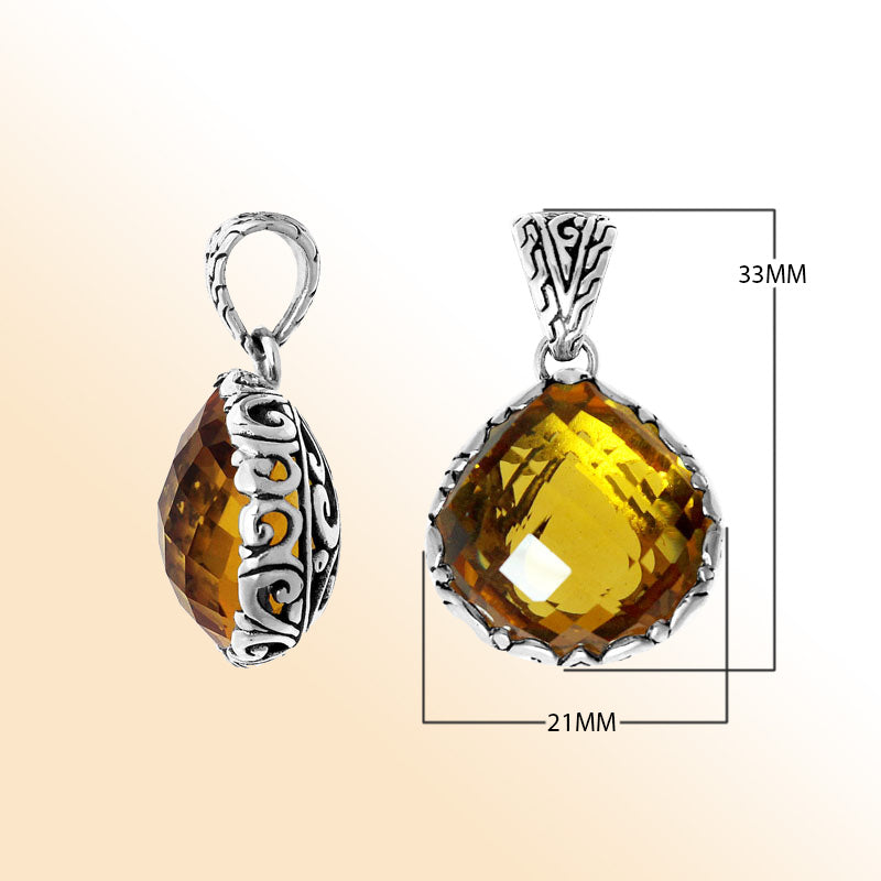 Retail Citrine Quartz sterling silver pendant handmade in Bali with artisan silver detailing.