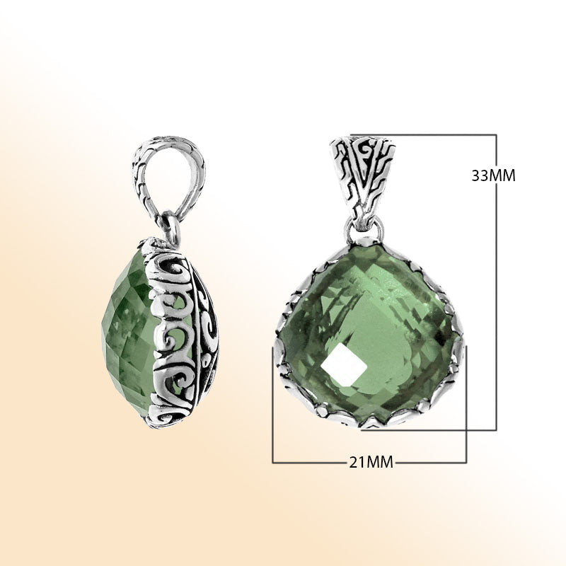 Retail Green Amethyst Quartz pendant handmade in sterling silver with Balinese detailing from Bali.