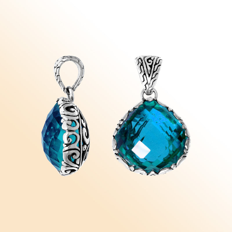Retail London Blue Topaz Quartz sterling silver pendant handmade in Bali with artisan silverwork.