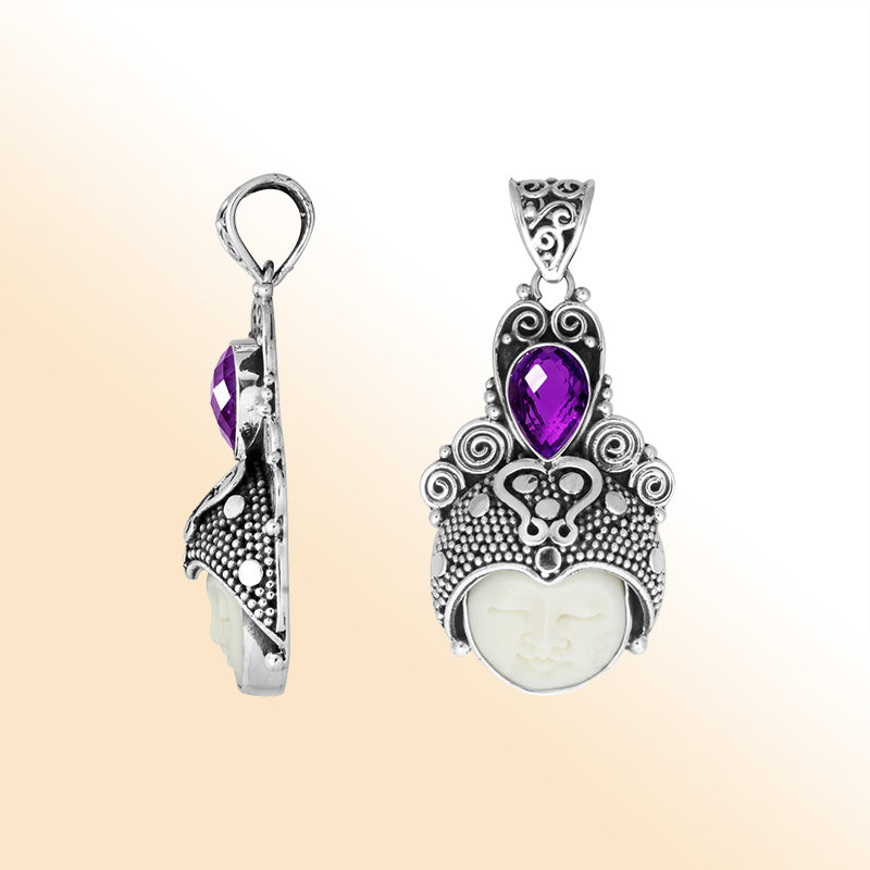 Balinese bone face pendant with amethyst quartz in sterling silver, handcrafted jewelry.