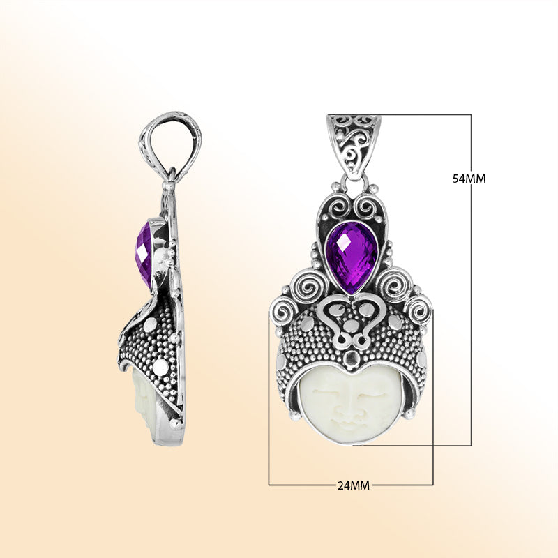 Balinese bone face pendant with amethyst quartz in sterling silver, handcrafted jewelry.