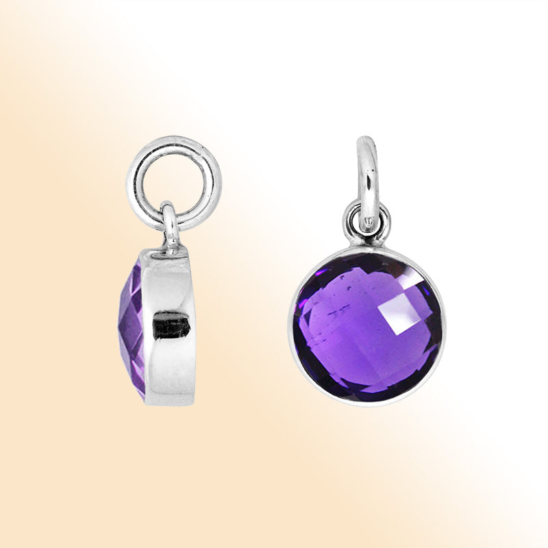 Sterling silver round-cut pendant with polished Amethyst Quartz stone