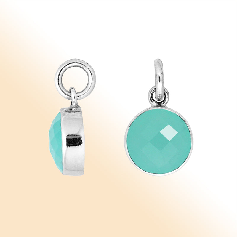 Sterling silver round-cut pendant with polished Green Chalcedony Quartz stone