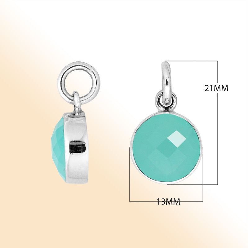 Sterling silver round-cut pendant with polished Green Chalcedony Quartz stone