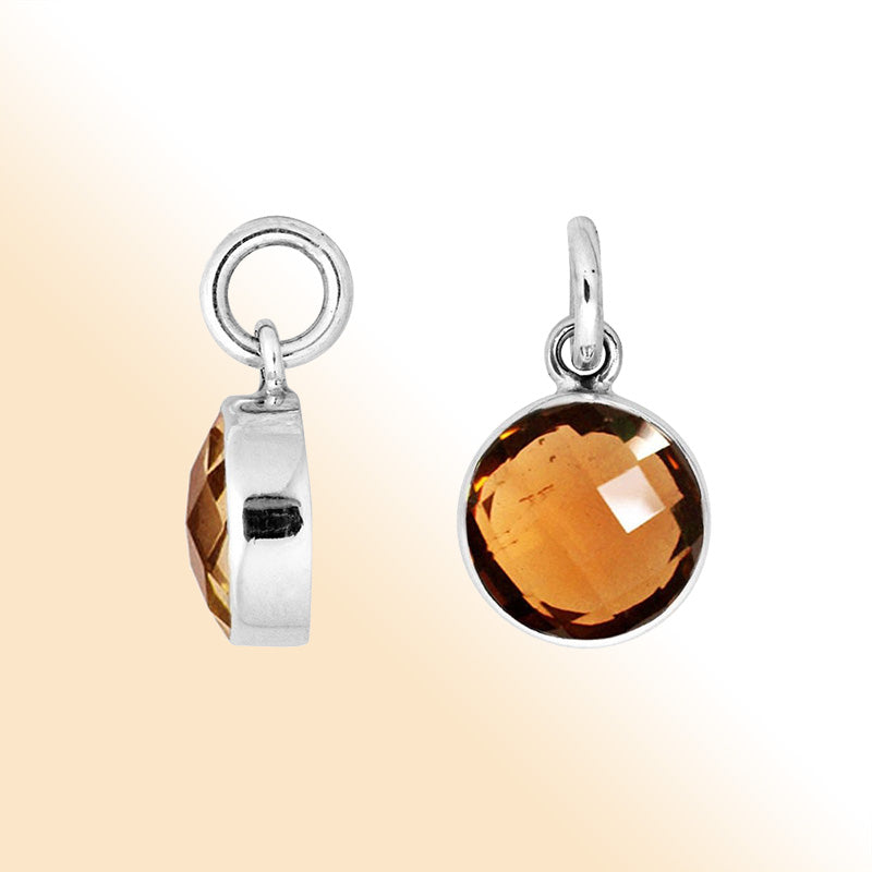 Sterling silver round-cut pendant with polished golden Citrine Quartz stone