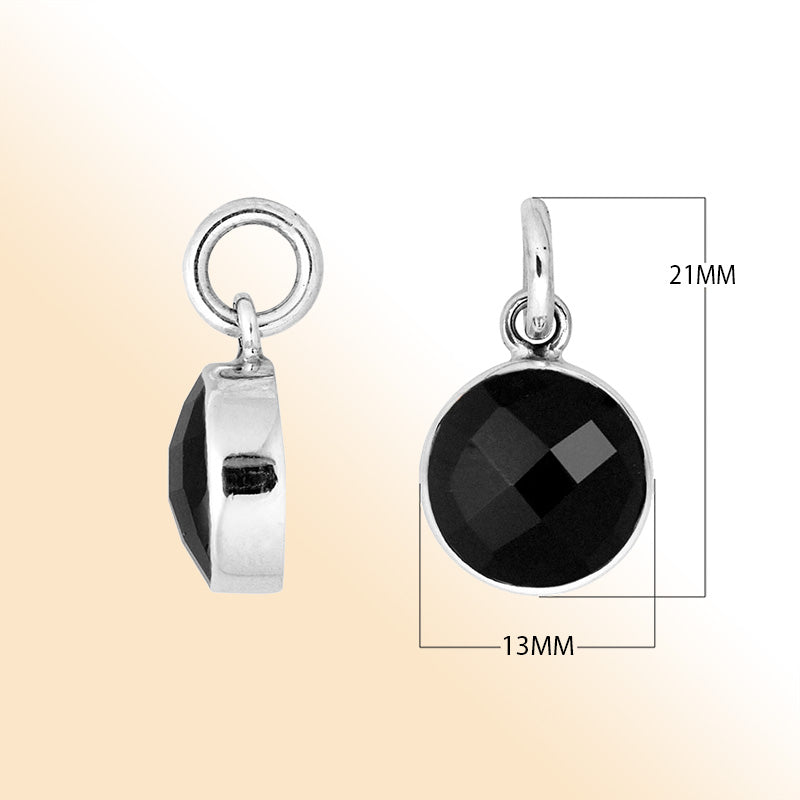 Sterling silver Black Onyx pendant with faceted round stone, polished smooth bezel frame, and refined craftsmanship ideal for elegant and everyday fashion styling.
