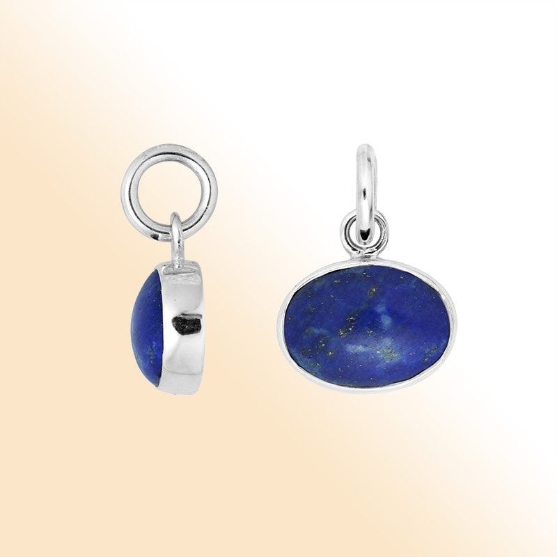 Sterling silver oval lapis pendant charm with rich deep blue color, artisan elegance, and timeless style for graceful everyday jewelry.