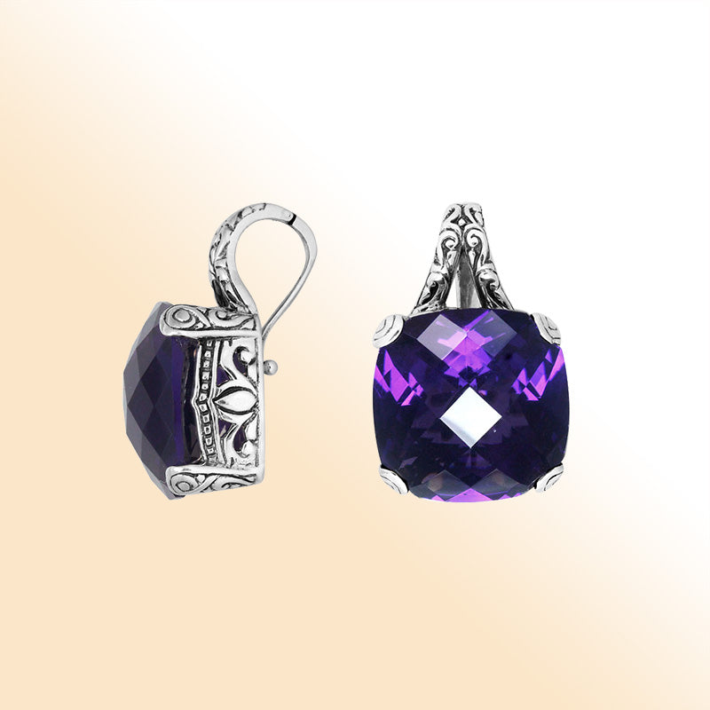 Elegant Sterling Silver pendant with cushion-cut Amethyst Quartz and detailed filigree work