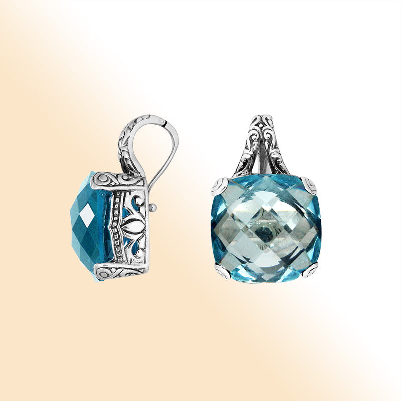 Elegant Sterling Silver pendant with cushion-cut Blue Topaz Quartz and filigree detailing