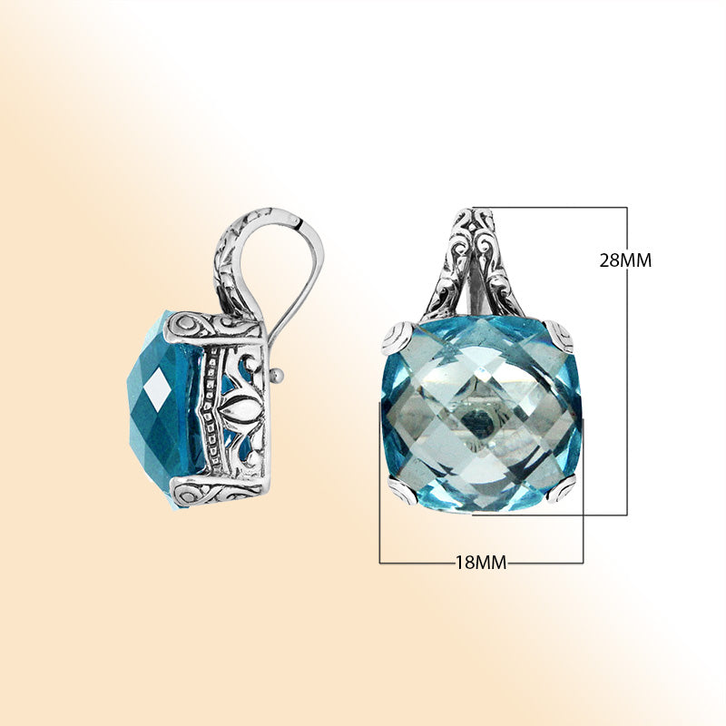 Elegant Sterling Silver pendant with cushion-cut Blue Topaz Quartz and filigree detailing
