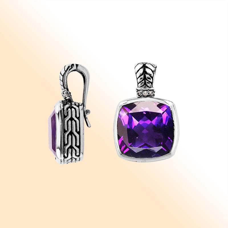 Elegant Sterling Silver pendant featuring cushion-cut Amethyst Quartz with Cubic Zirconia accents