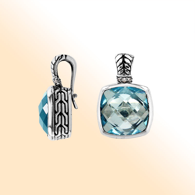 Elegant Sterling Silver pendant featuring cushion-cut Blue Topaz Quartz with Cubic Zirconia accents