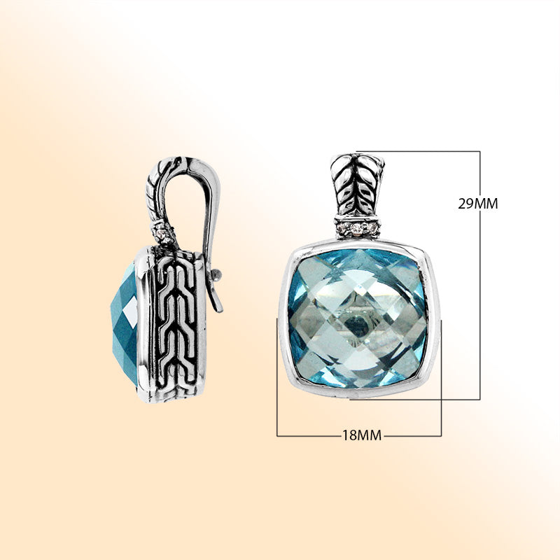 Elegant Sterling Silver pendant featuring cushion-cut Blue Topaz Quartz with Cubic Zirconia accents