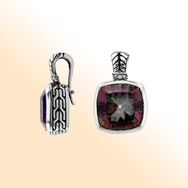 Elegant Sterling Silver pendant featuring cushion-cut Mystic Quartz with Cubic Zirconia accents