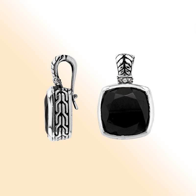Elegant Sterling Silver pendant featuring cushion-cut Black Onyx with Cubic Zirconia accents