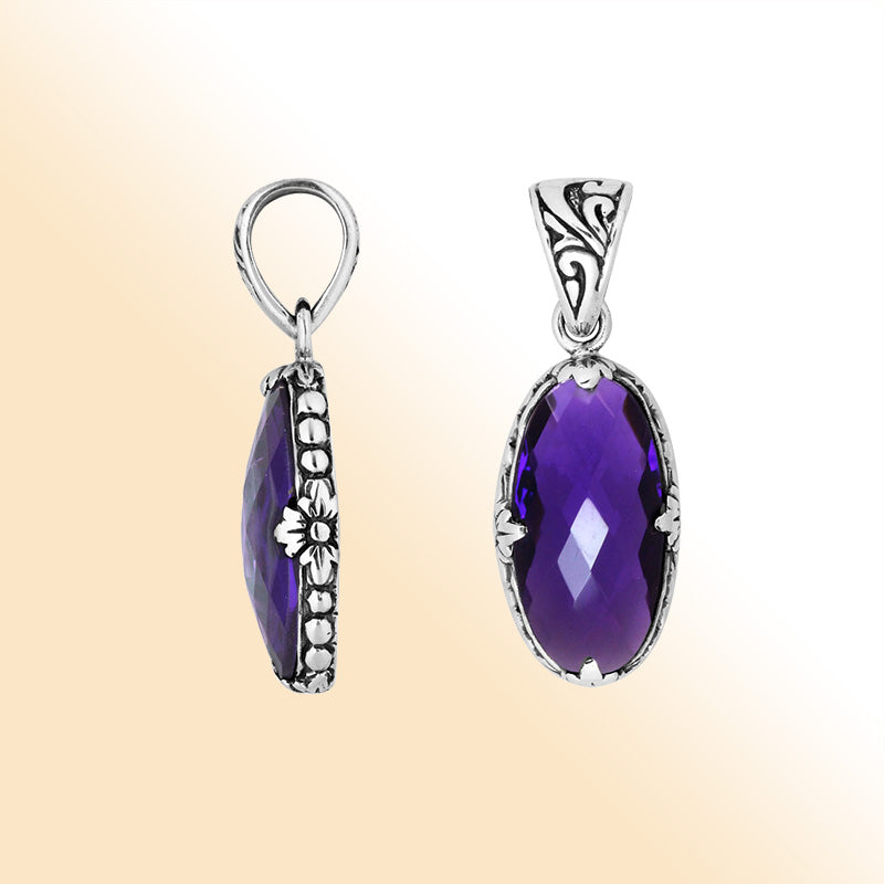 Elegant Sterling Silver oval Amethyst Quartz pendant with floral engraving