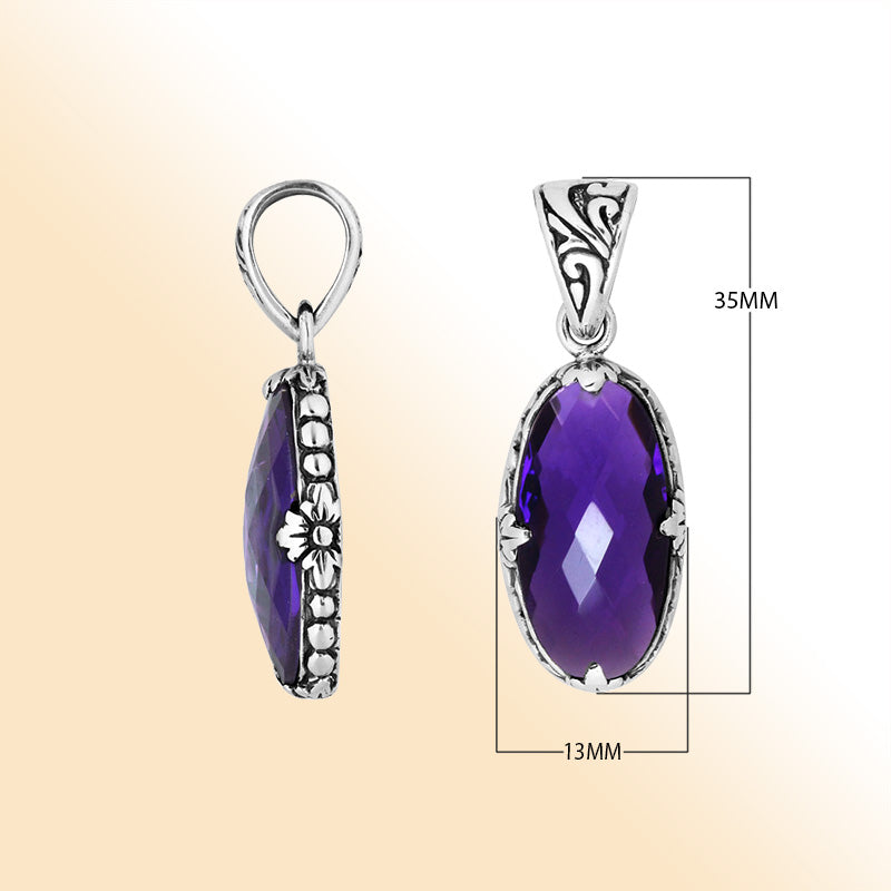 Elegant Sterling Silver oval Amethyst Quartz pendant with floral engraving