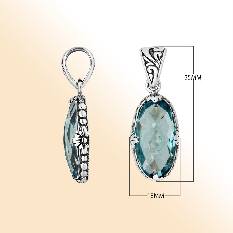 Elegant Sterling Silver oval Blue Topaz Quartz pendant with floral engraved detailing