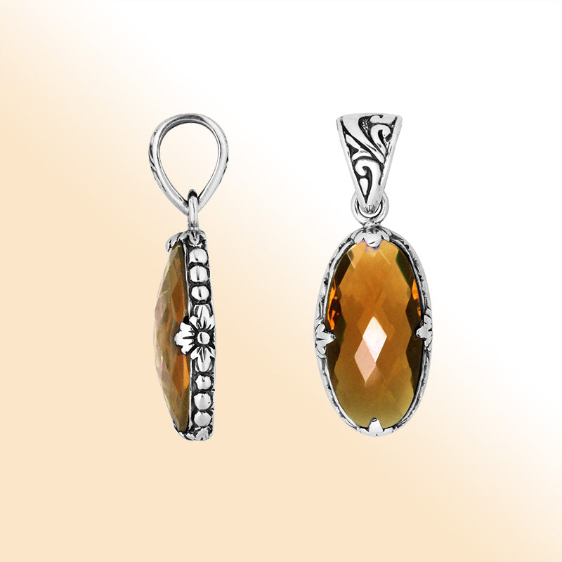 Elegant Sterling Silver oval Citrine Quartz pendant with floral engraved detailing
