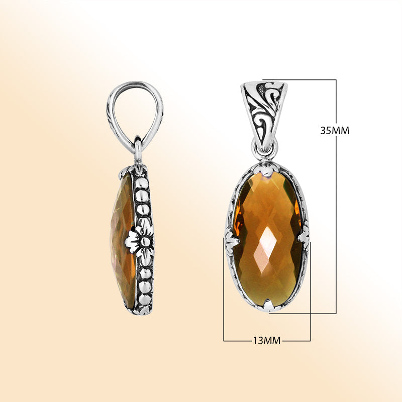 Elegant Sterling Silver oval Citrine Quartz pendant with floral engraved detailing