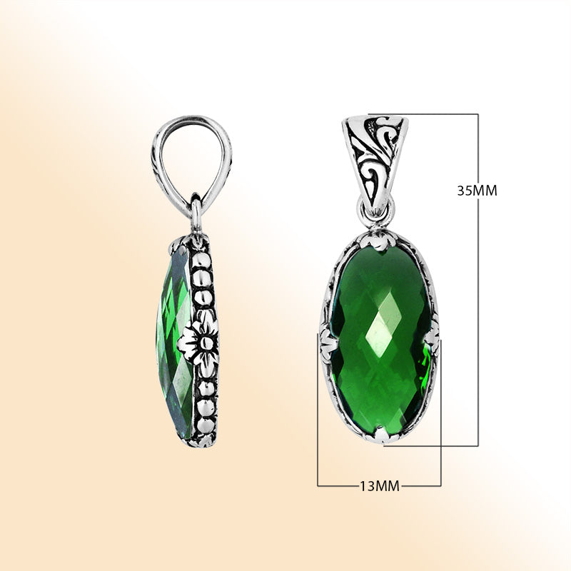 Sterling silver oval Green Quartz pendant with floral engraved detailing, radiant artisan charm, and elegant sparkle for refined everyday styling.