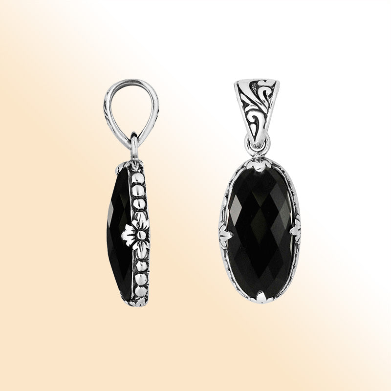 Sterling Silver Marquise Pendant With Black Onyx Floral Design