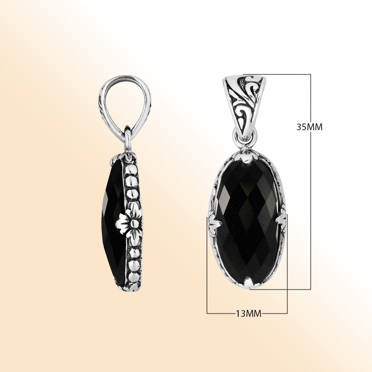 Sterling Silver Marquise Pendant With Black Onyx Floral Design