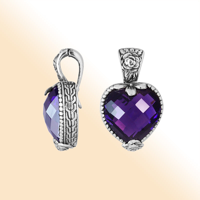 Sterling Silver Heart-Shaped Pendant With Polished Amethyst Quartz And Antique Bali Floral Detailing