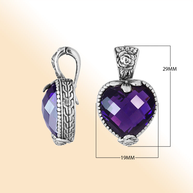 Sterling Silver Heart-Shaped Pendant With Polished Amethyst Quartz And Antique Bali Floral Detailing
