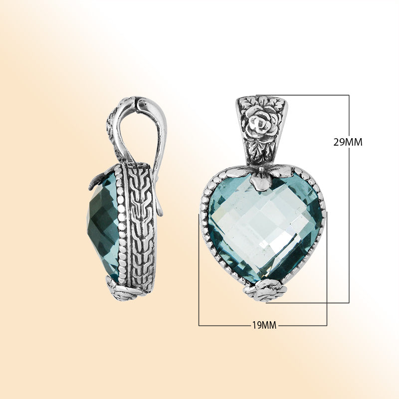 Sterling Silver Heart-Shaped Pendant With Blue Topaz Quartz And Antique Floral Bali Detailing