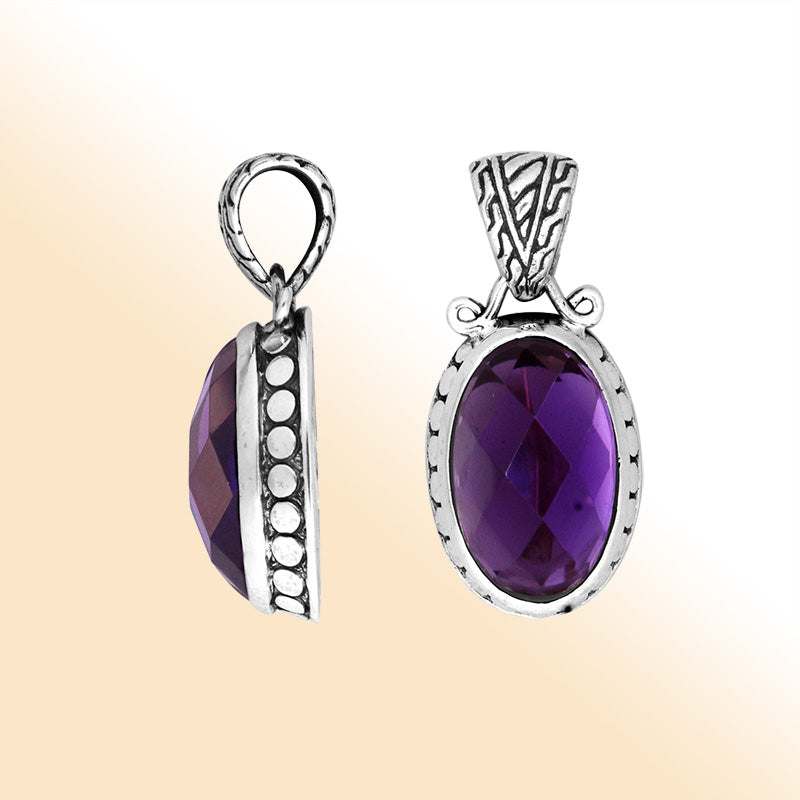 Sterling Silver Oval Pendant With Polished Amethyst Quartz And Antique Bali Detailing