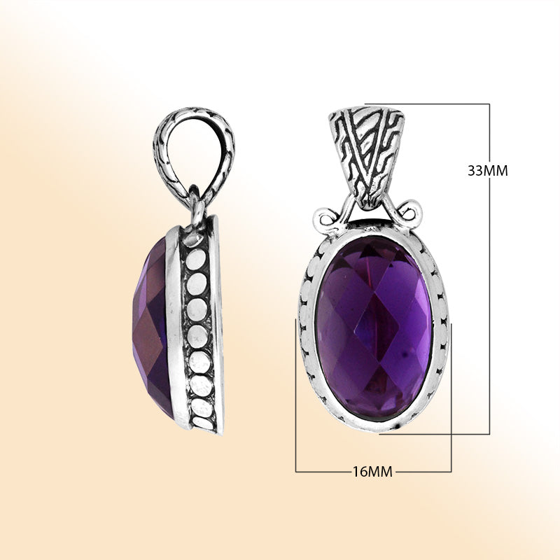 Sterling Silver Oval Pendant With Polished Amethyst Quartz And Antique Bali Detailing