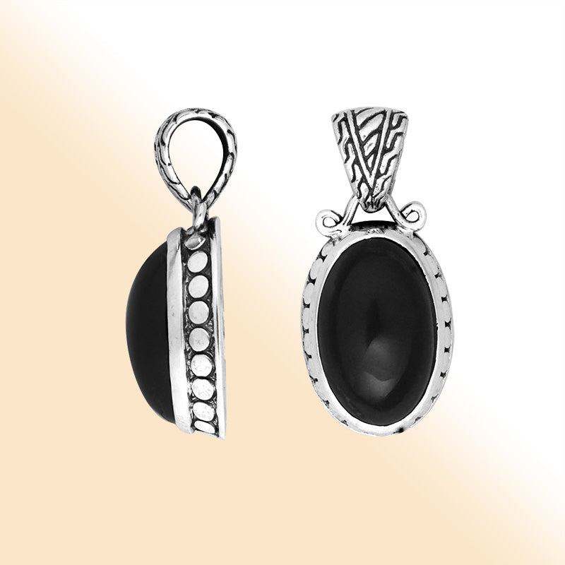 Sterling Silver Oval Pendant With Black Onyx And Antique Bali Detailing