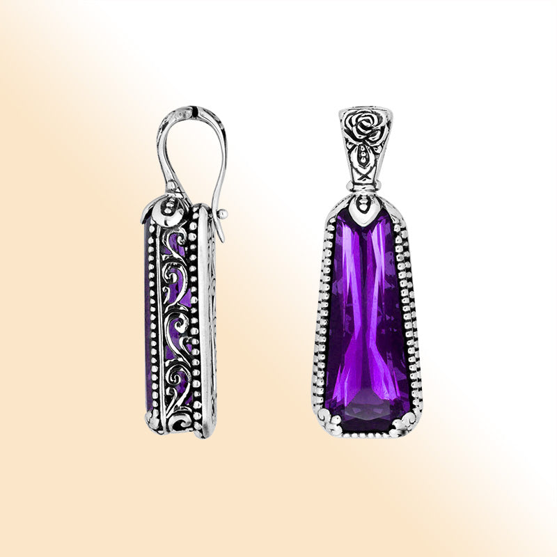 Sterling Silver Tapered Pendant With Amethyst Quartz And Antique Floral Bali Design