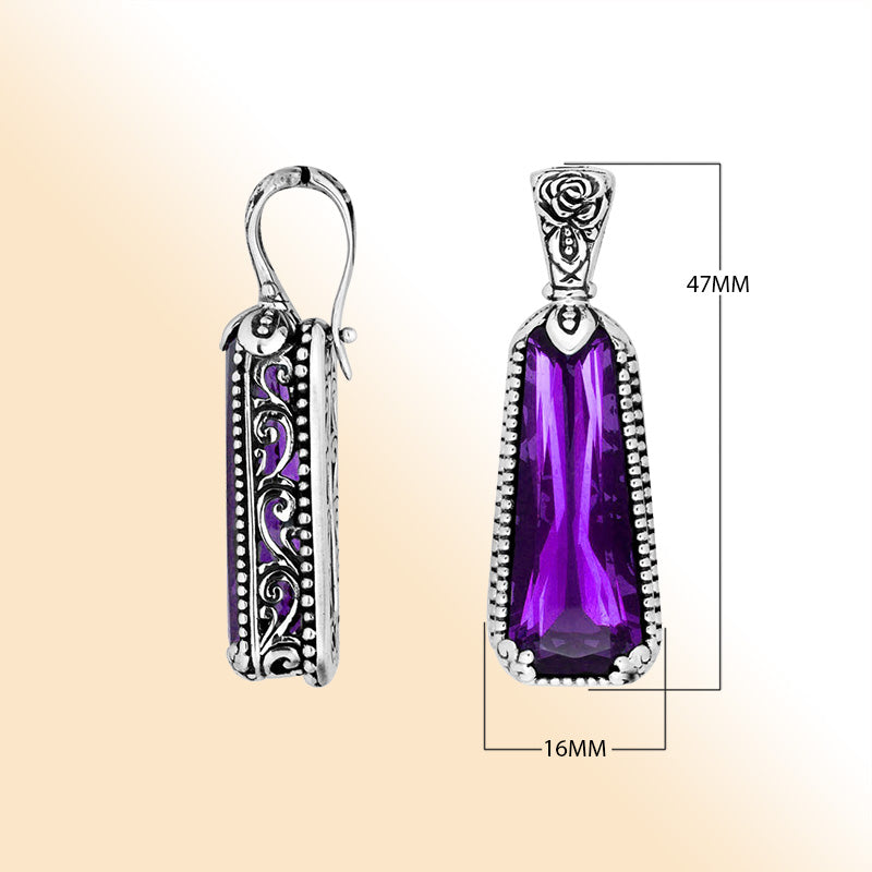 Sterling Silver Tapered Pendant With Amethyst Quartz And Antique Floral Bali Design