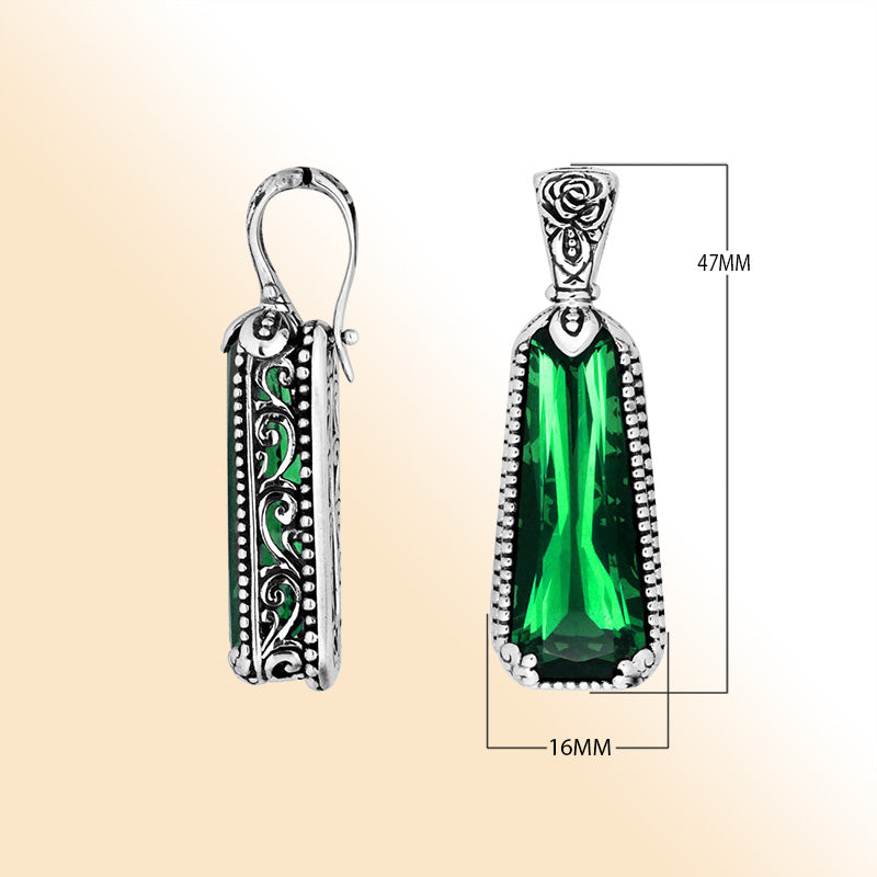 Sterling Silver Tapered Pendant With Green Amethyst Quartz And Antique Floral Bali Detailing